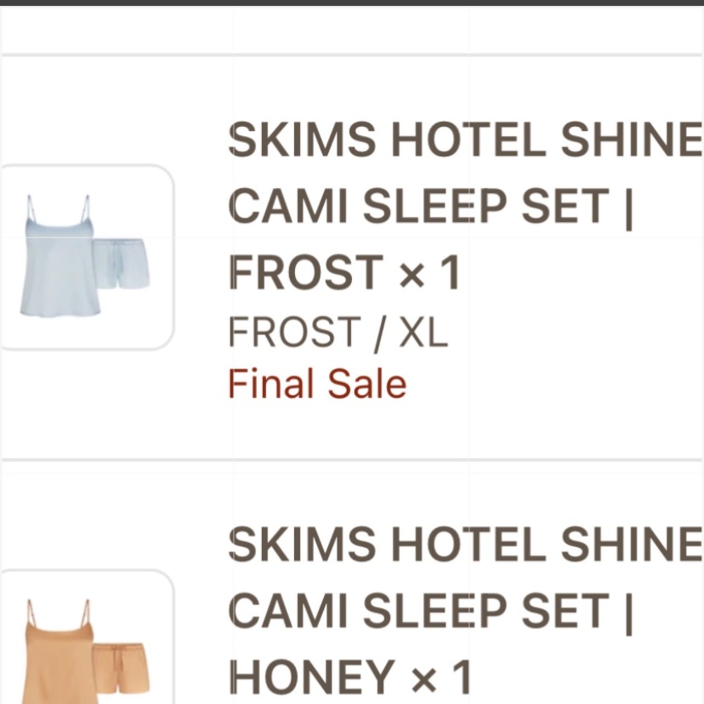 SKIMS Hotel Shine Cami & Short sleep set.  XL FROST and XL HONEY (one of each)